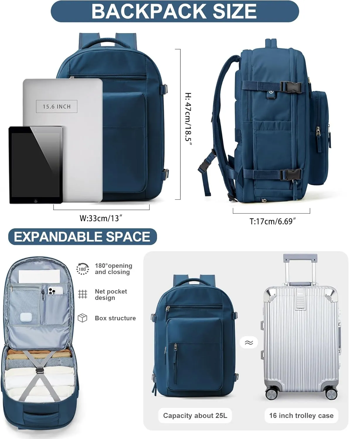 Lightweight Travel Backpack For Women Men Carry On Backpack Flight Approved Travel Bag Personal Item Waterproof Luggage Backpack With Shoe & Laptop Compartment(Blue)