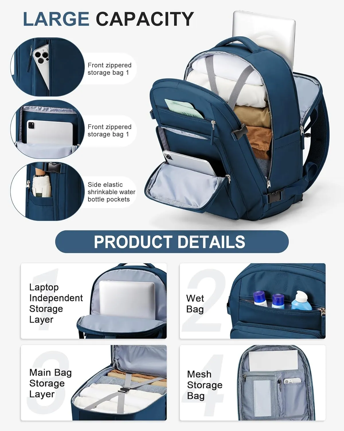 Lightweight Travel Backpack For Women Men Carry On Backpack Flight Approved Travel Bag Personal Item Waterproof Luggage Backpack With Shoe & Laptop Compartment(Blue)