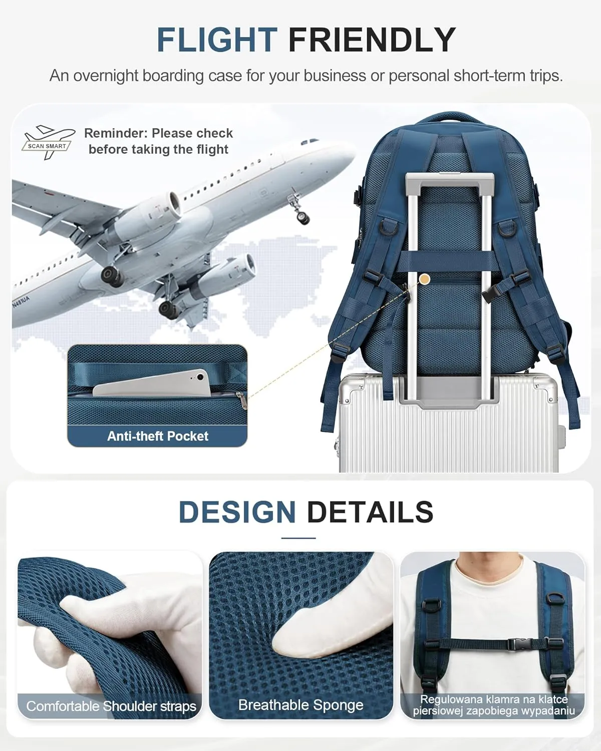 Lightweight Travel Backpack For Women Men Carry On Backpack Flight Approved Travel Bag Personal Item Waterproof Luggage Backpack With Shoe & Laptop Compartment(Blue)