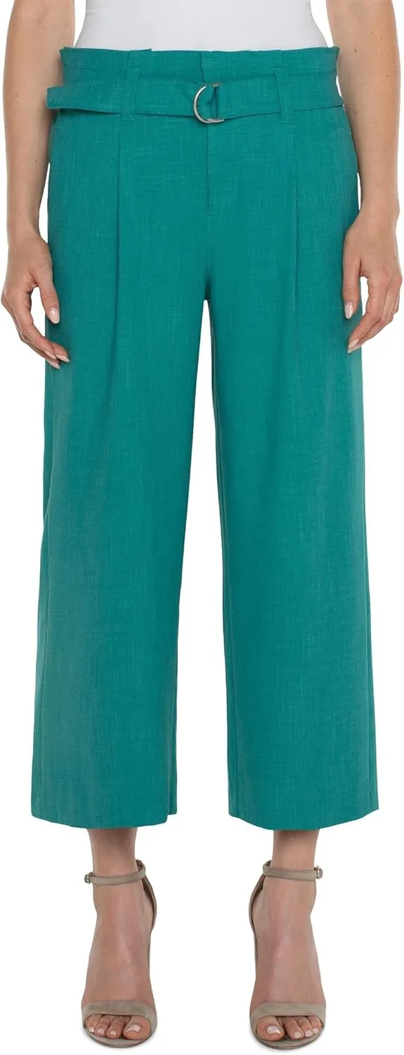 Liverpool Women's Belted Mid Rise Paper Bag Wide Leg Crop Stretch Woven Trousers