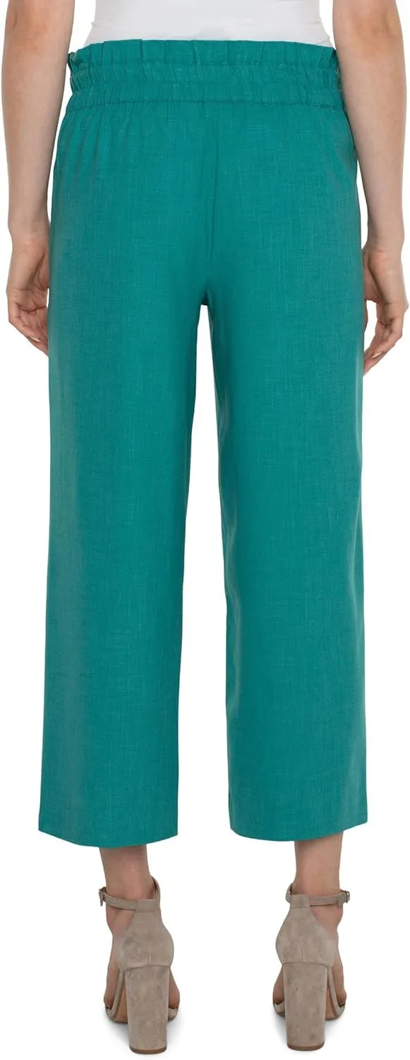 Liverpool Women's Belted Mid Rise Paper Bag Wide Leg Crop Stretch Woven Trousers