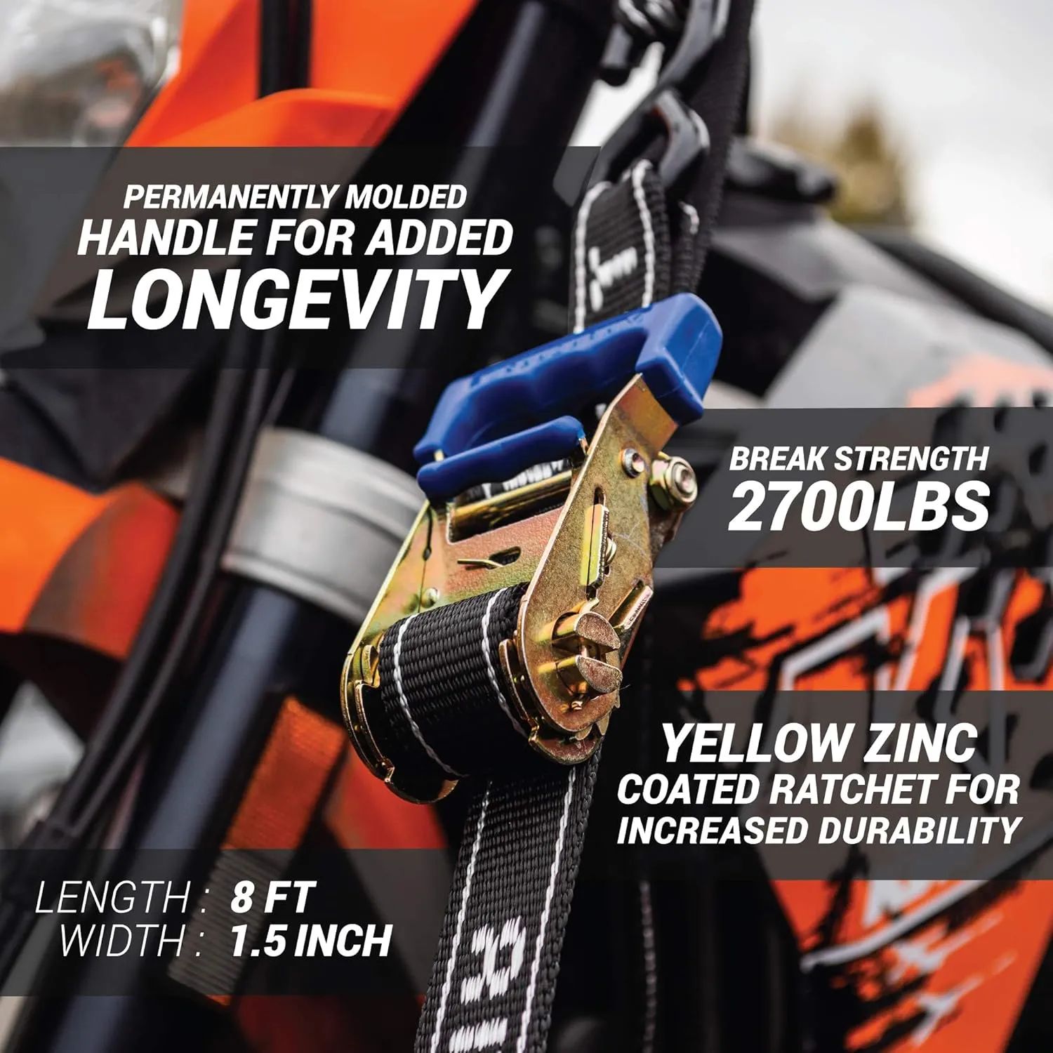 Loadfast Ratchet Tie Down Straps For Motorcycles | New Zealand Made Motorcycle Tie Down 1.5" x 8" Heavy Duty Dirt Bike Tie Down Straps with Soft Loop & Safety Carabiner | 2,600lbs (2 Pack) Black Color