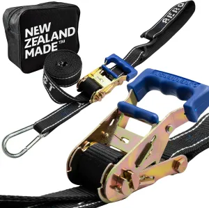 Loadfast Ratchet Tie Down Straps For Motorcycles | New Zealand Made Motorcycle Tie Down 1.5" x 8" Heavy Duty Dirt Bike Tie Down Straps with Soft Loop & Safety Carabiner | 2,600lbs (2 Pack) Black Color