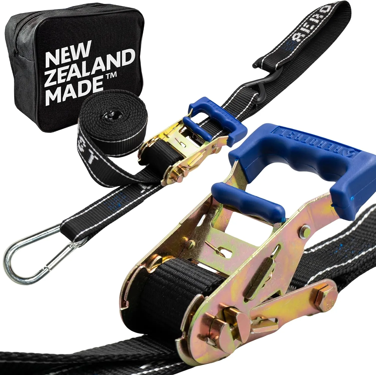 Loadfast Ratchet Tie Down Straps For Motorcycles | New Zealand Made Motorcycle Tie Down 1.5" x 8" Heavy Duty Dirt Bike Tie Down Straps with Soft Loop & Safety Carabiner | 2,600lbs (2 Pack) Black Color