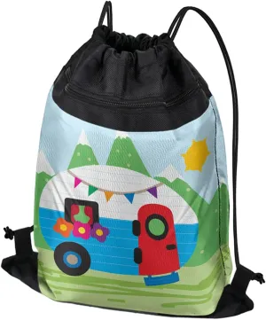 LOGOVISION, Retro Camper Rv Travel Trailer Drawstring Backpack Sports Bag Sackpack 17" x 13", Perfect for Gym, Yoga or Practice