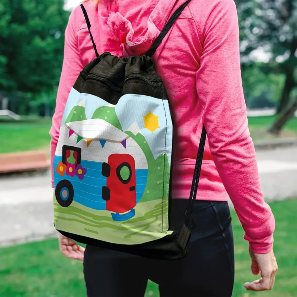 LOGOVISION, Retro Camper Rv Travel Trailer Drawstring Backpack Sports Bag Sackpack 17" x 13", Perfect for Gym, Yoga or Practice