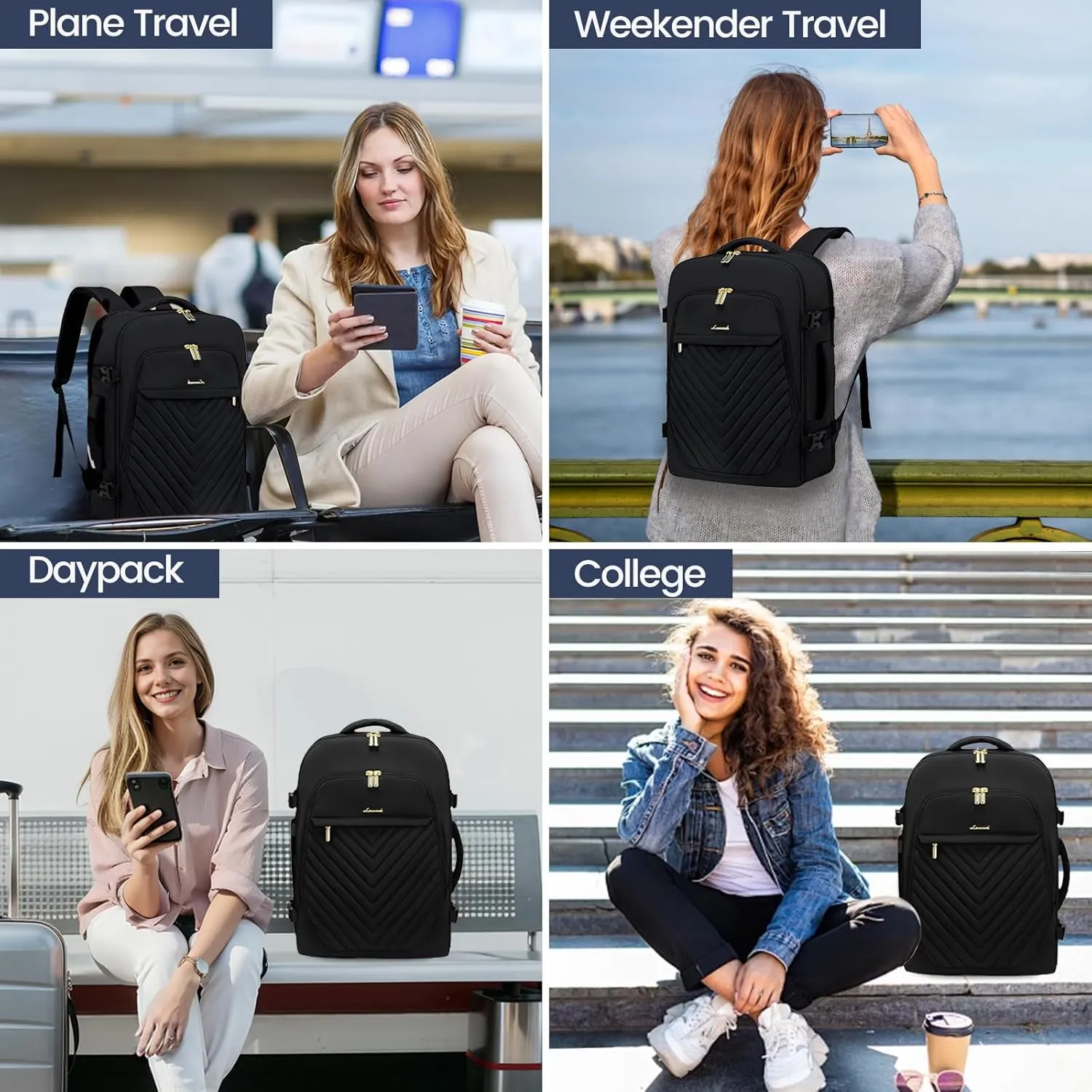 LOVEVOOK 40L Travel Backpack for Women & Men, Carry on Backpack for Airplanes, TSA Personal Item Travel Bag fits 17" Laptop, Waterproof Travel Essentials Flight Approved with 2 Packing Cubes, Black