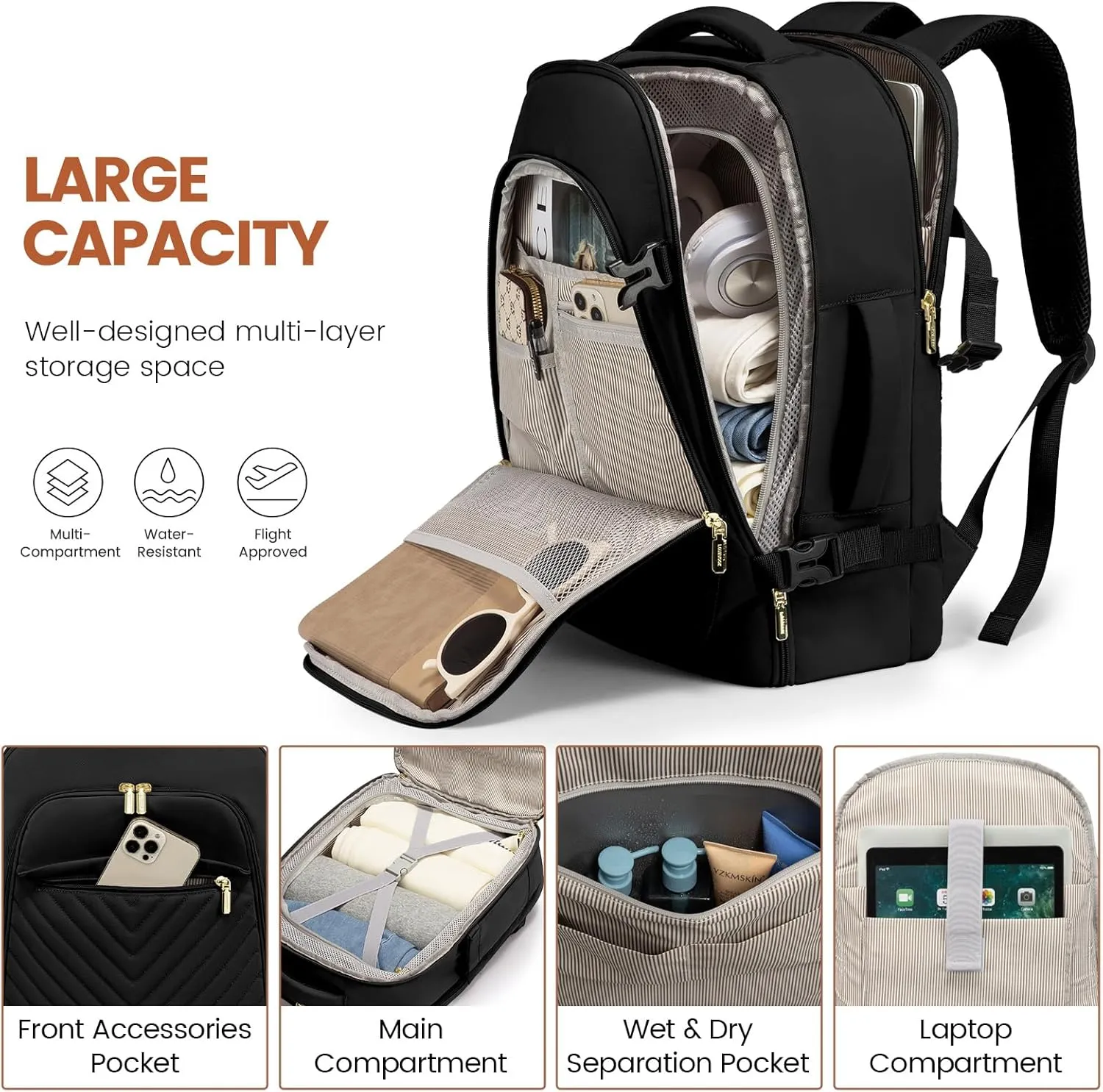 LOVEVOOK 40L Travel Backpack for Women & Men, Carry on Backpack for Airplanes, TSA Personal Item Travel Bag fits 17" Laptop, Waterproof Travel Essentials Flight Approved with 2 Packing Cubes, Black