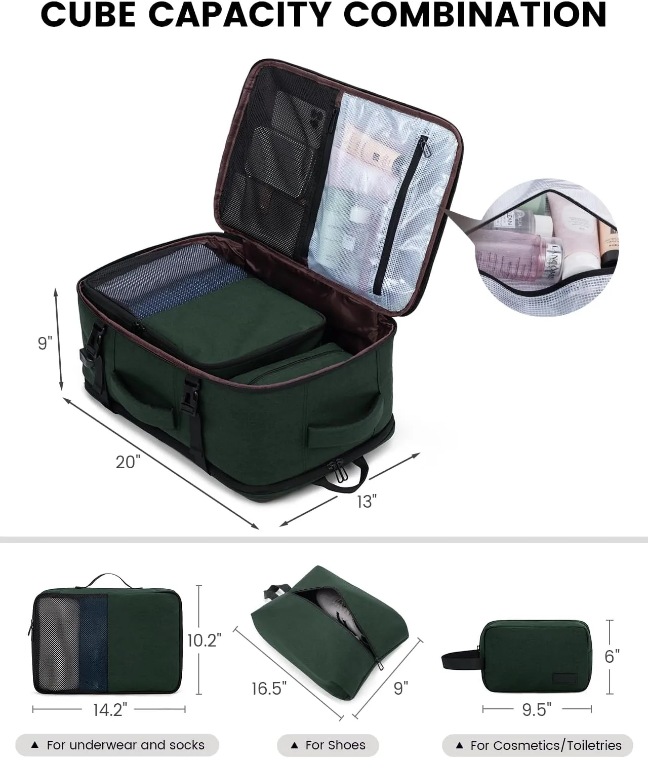 LOVEVOOK Carry on Travel Backpack, Large 40L for Men & Women Flight Approved with USB Charging Port&3 Packing Cubes, Large Suitcase Water Resistant Luggage Daypack Business Weekender Bag, Dark Green