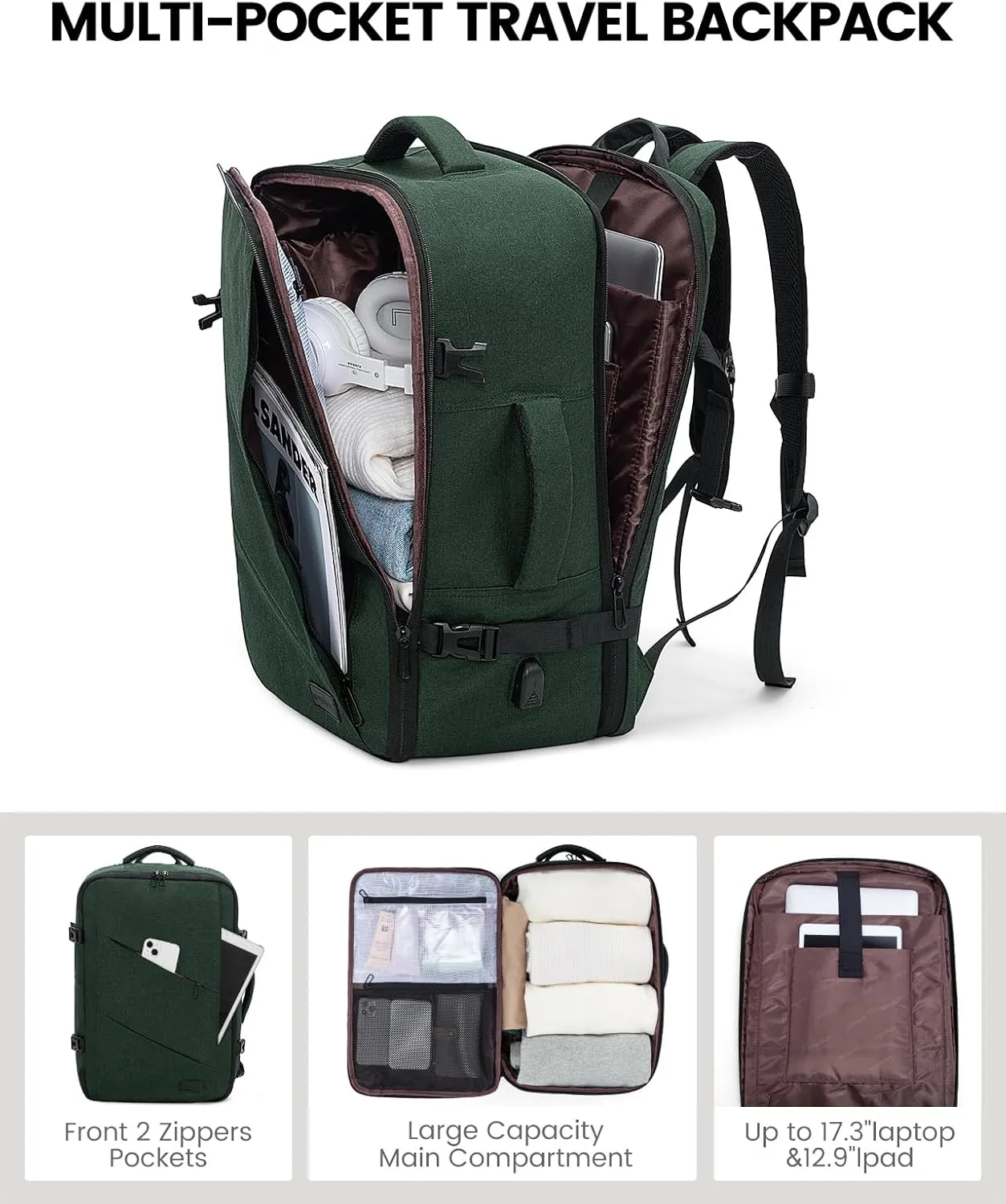 LOVEVOOK Carry on Travel Backpack, Large 40L for Men & Women Flight Approved with USB Charging Port&3 Packing Cubes, Large Suitcase Water Resistant Luggage Daypack Business Weekender Bag, Dark Green