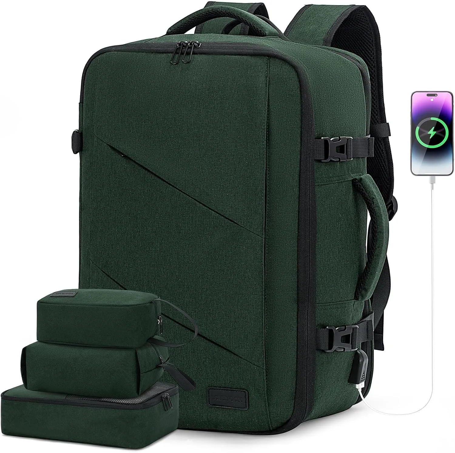 LOVEVOOK Carry on Travel Backpack, Large 40L for Men & Women Flight Approved with USB Charging Port&3 Packing Cubes, Large Suitcase Water Resistant Luggage Daypack Business Weekender Bag, Dark Green