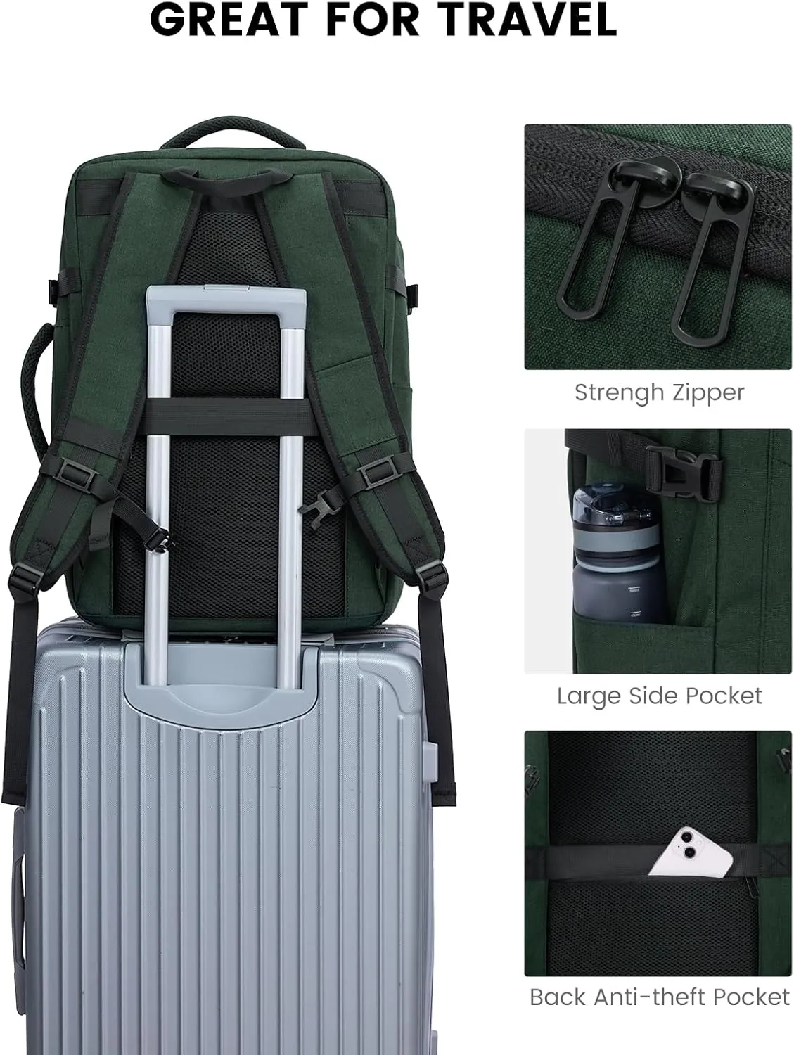 LOVEVOOK Carry on Travel Backpack, Large 40L for Men & Women Flight Approved with USB Charging Port&3 Packing Cubes, Large Suitcase Water Resistant Luggage Daypack Business Weekender Bag, Dark Green