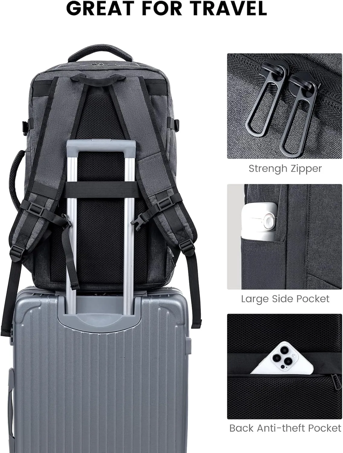 LOVEVOOK Carry on Travel Backpack, Large 50L for Men & Women Flight Approved with USB Charging Port&3 Packing Cubes, Large Suitcase Water Resistant Luggage Daypack Business Weekender Bag, Grey