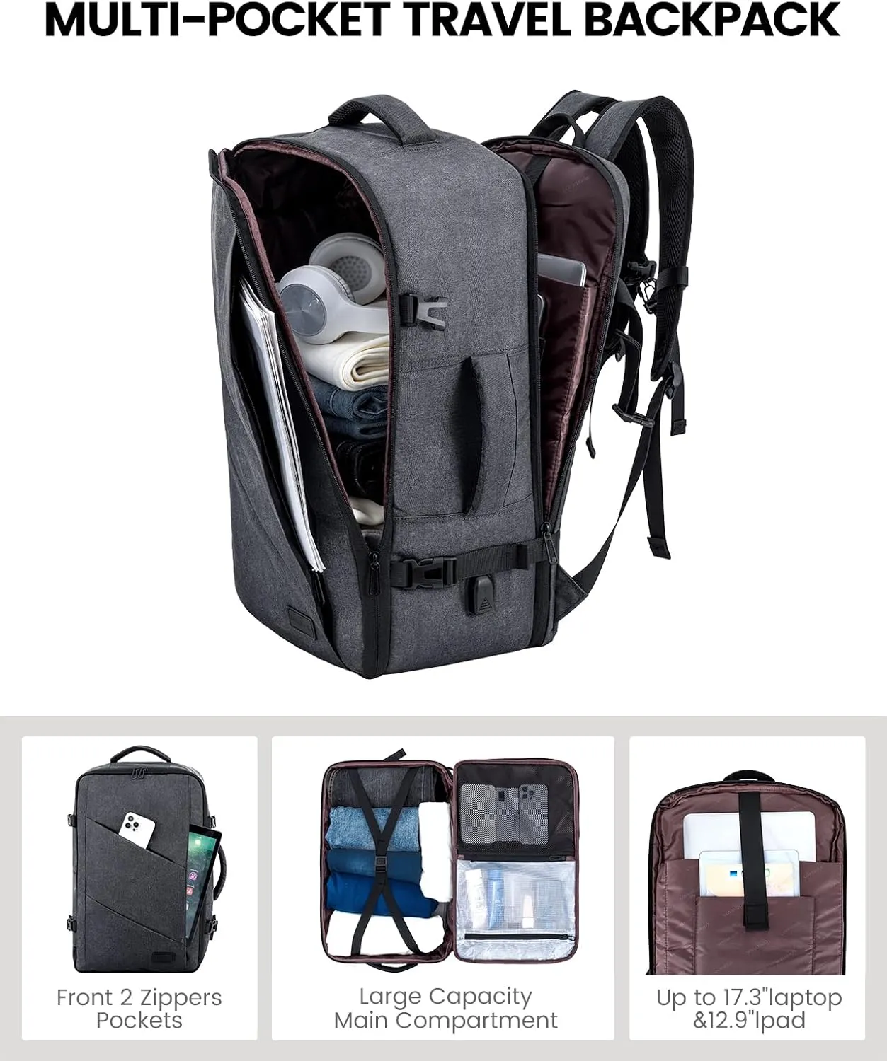 LOVEVOOK Carry on Travel Backpack, Large 50L for Men & Women Flight Approved with USB Charging Port&3 Packing Cubes, Large Suitcase Water Resistant Luggage Daypack Business Weekender Bag, Grey