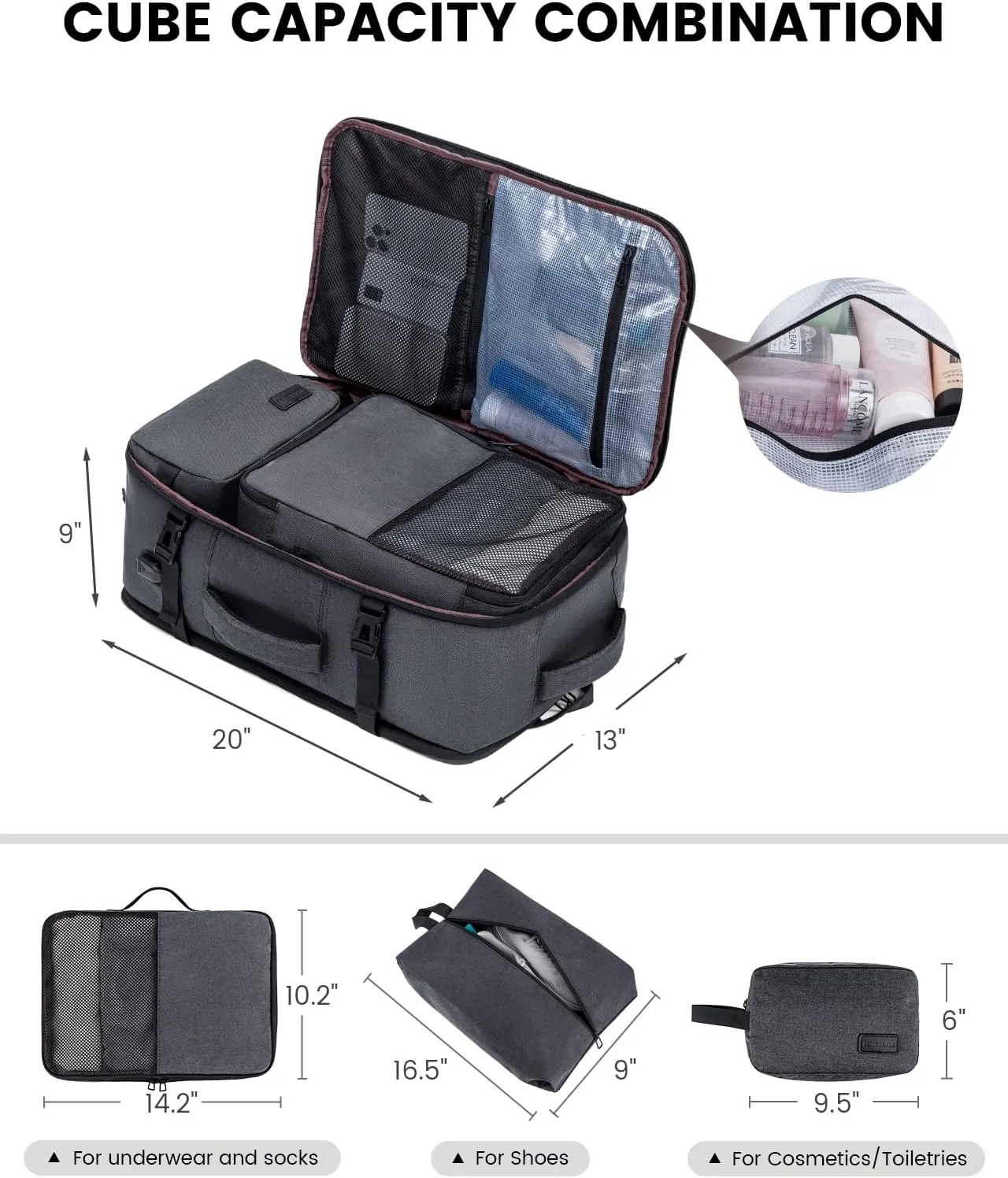 LOVEVOOK Carry on Travel Backpack, Large 50L for Men & Women Flight Approved with USB Charging Port&3 Packing Cubes, Large Suitcase Water Resistant Luggage Daypack Business Weekender Bag, Grey