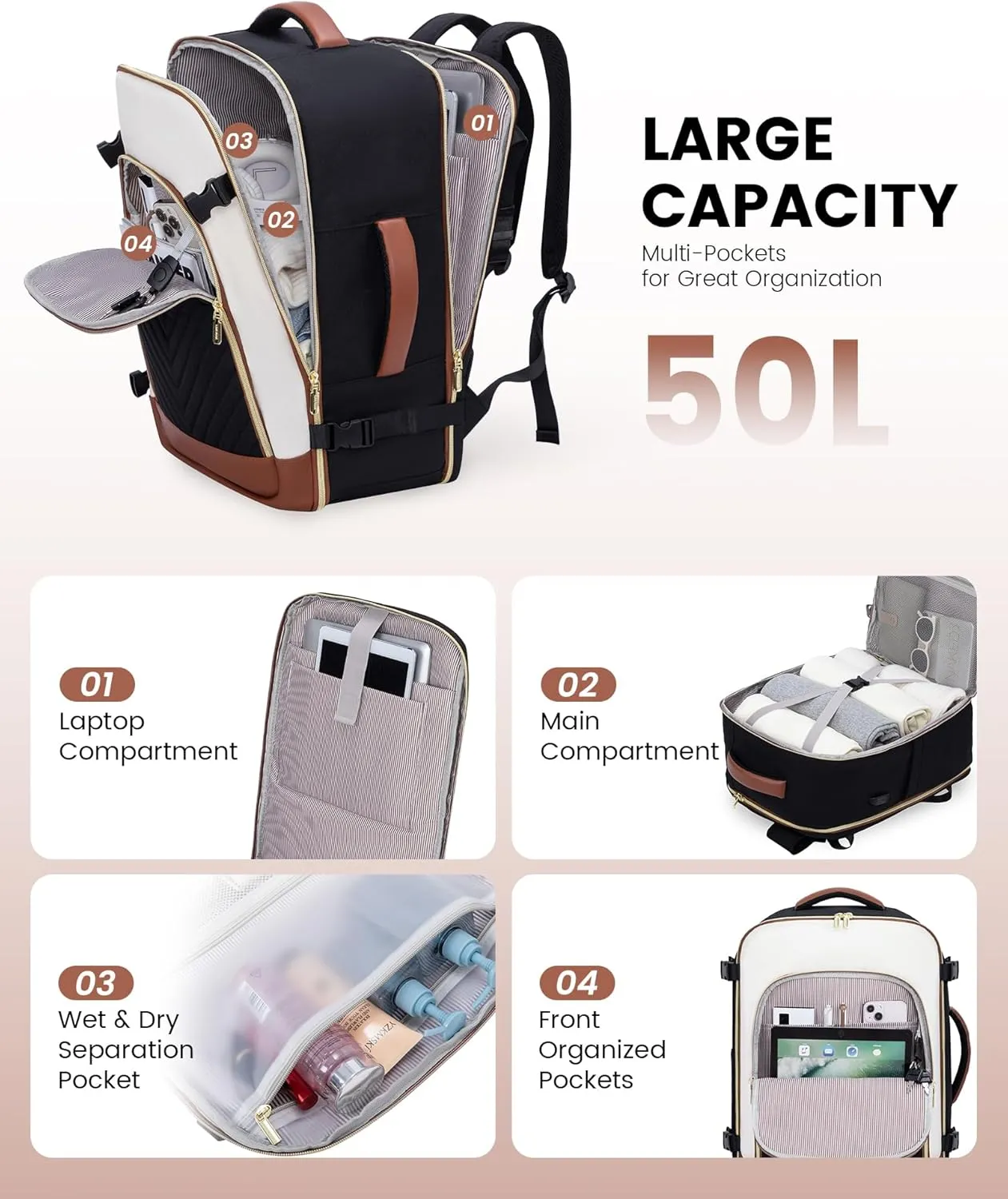 LOVEVOOK Large Travel Backpack for Women, 50L Carry on Backpack Airplane Approved, TSA Personal Item Travel Bag for Women fits 18" Laptop, Waterproof Carry on Bags for airplanes with 3 Packing Cubes