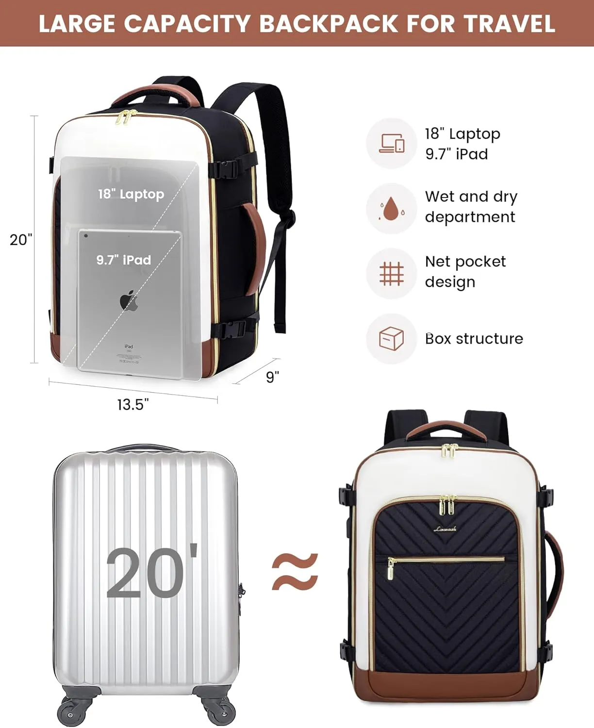 LOVEVOOK Large Travel Backpack for Women, 50L Carry on Backpack Airplane Approved, TSA Personal Item Travel Bag for Women fits 18" Laptop, Waterproof Carry on Bags for airplanes with 3 Packing Cubes