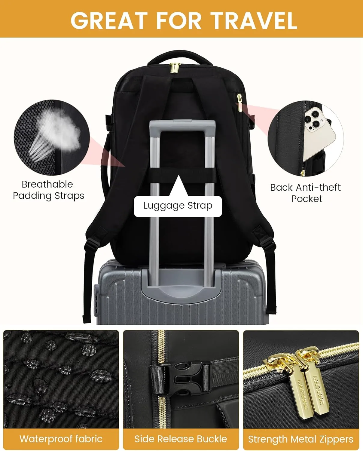 LOVEVOOK Large Travel Backpack for Women, Carry On Bag Flight Approved, 50L TSA Personal Item Travel Bag with 3 Packing Cubes, Waterproof 18 Inch Laptop Hiking Casual Backpack