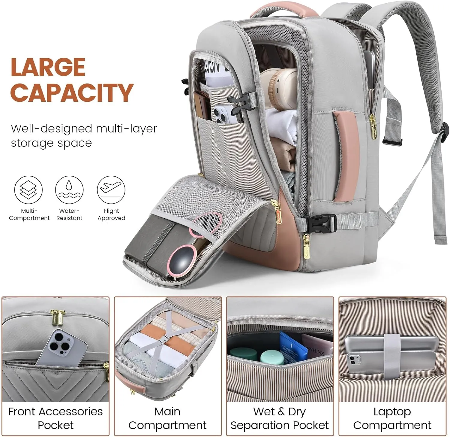 LOVEVOOK Travel Backpack for Women, TSA Approved Carry On Backpack with 2 Packing Cubes, Personal Item Backpack Fits 17 Inch Laptop, Weekender Water-resistant Daypack, Grey-Pink