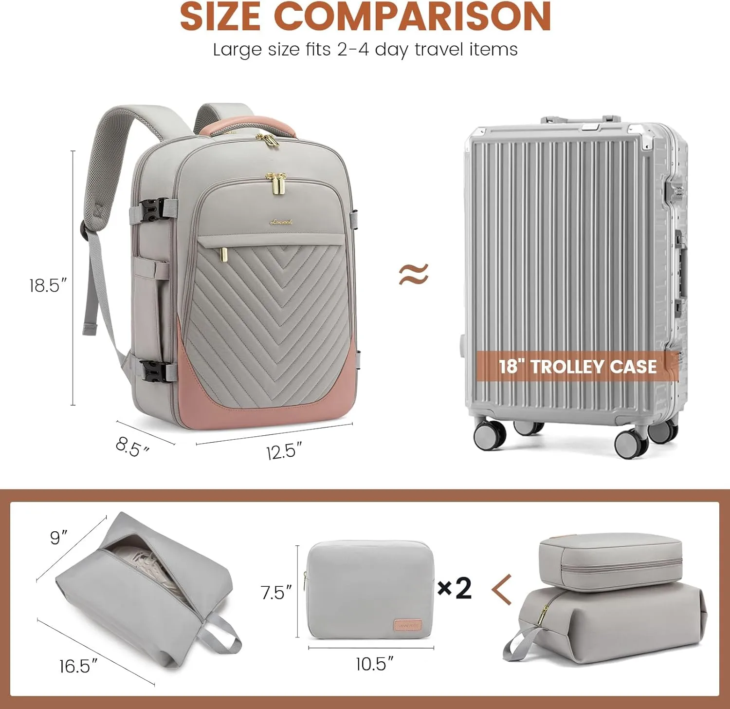 LOVEVOOK Travel Backpack for Women, TSA Approved Carry On Backpack with 2 Packing Cubes, Personal Item Backpack Fits 17 Inch Laptop, Weekender Water-resistant Daypack, Grey-Pink