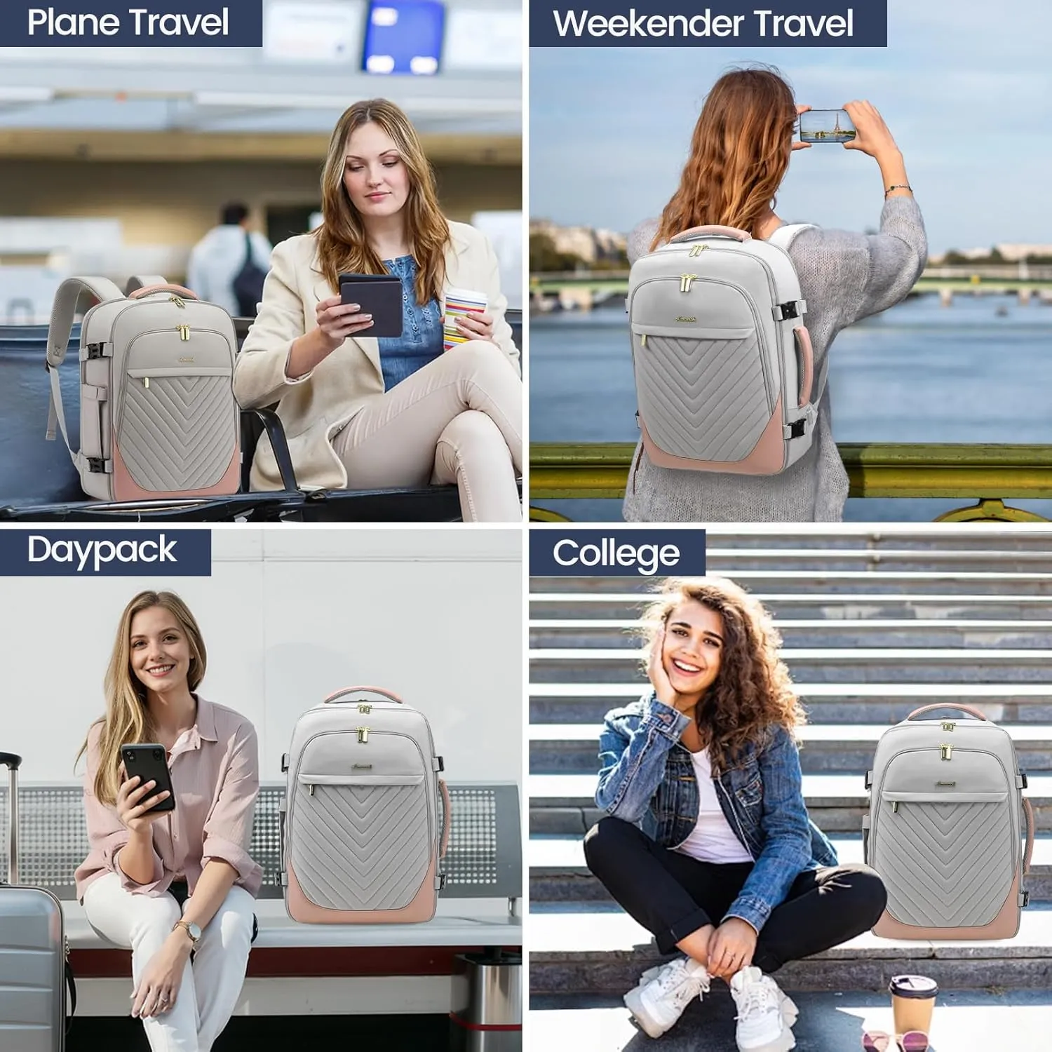 LOVEVOOK Travel Backpack for Women, TSA Approved Carry On Backpack with 2 Packing Cubes, Personal Item Backpack Fits 17 Inch Laptop, Weekender Water-resistant Daypack, Grey-Pink