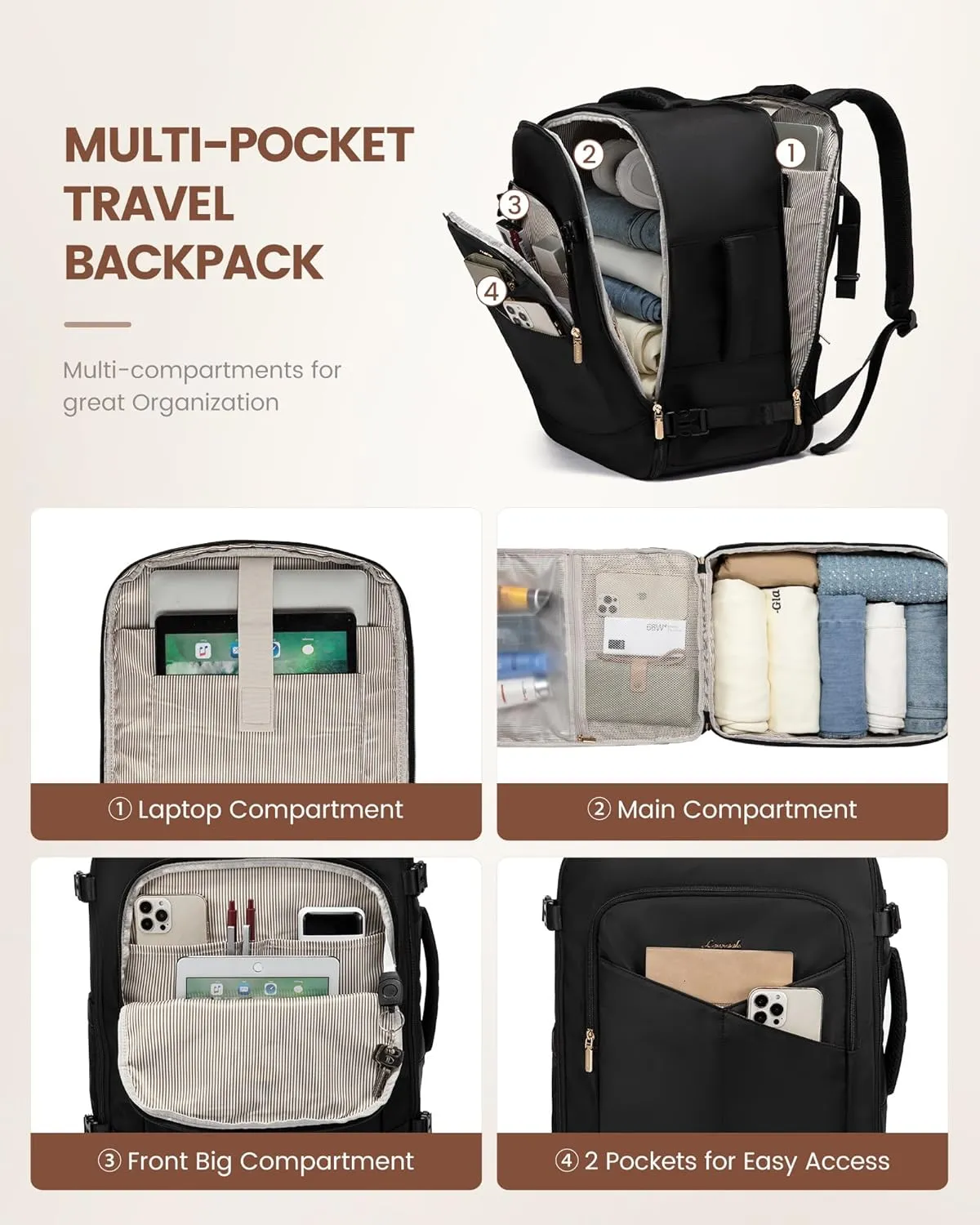 LOVEVOOK Travel Backpack for Women&Men,TSA Personal Item Travel Bag Fit 17inch Laptop,Carry on Backpack for Airplanes with 3 Packing Cubes,40L Waterproof Travel Essentials Airline Approved Luggage