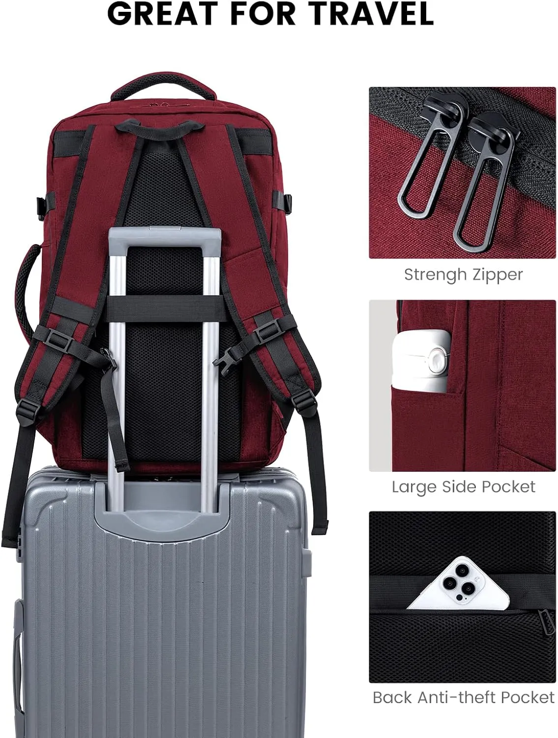 LOVEVOOK Travel Carry on Backpack, Large 40L Personal Item Travel Bag for Men & Women Flight Approved with 3 Packing Cubes, Suitcase Water Resistant Luggage Daypack Business Weekender Bag,Wine Red