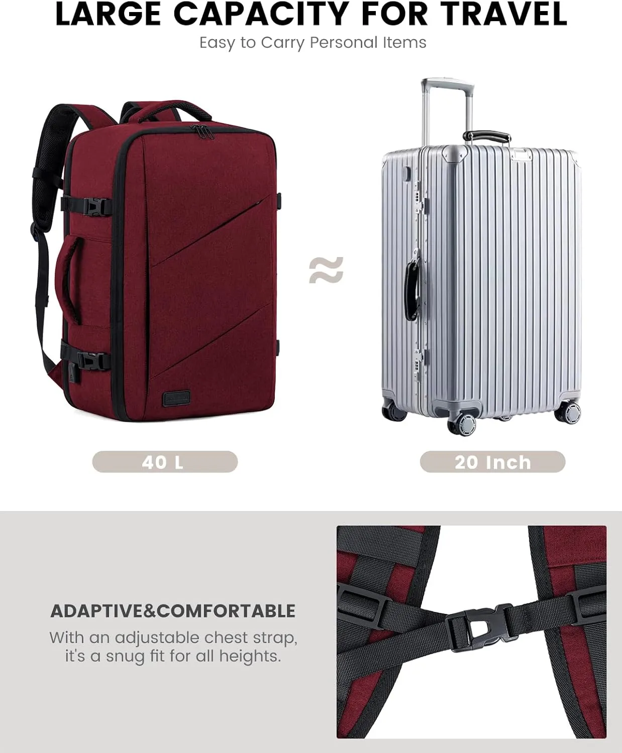 LOVEVOOK Travel Carry on Backpack, Large 40L Personal Item Travel Bag for Men & Women Flight Approved with 3 Packing Cubes, Suitcase Water Resistant Luggage Daypack Business Weekender Bag,Wine Red
