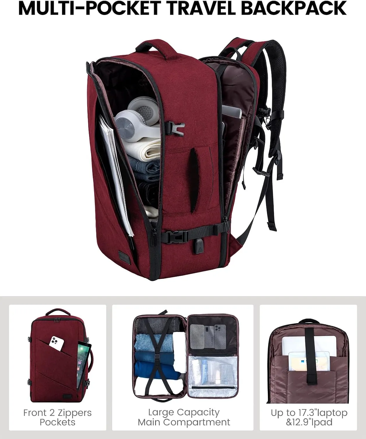 LOVEVOOK Travel Carry on Backpack, Large 40L Personal Item Travel Bag for Men & Women Flight Approved with 3 Packing Cubes, Suitcase Water Resistant Luggage Daypack Business Weekender Bag,Wine Red