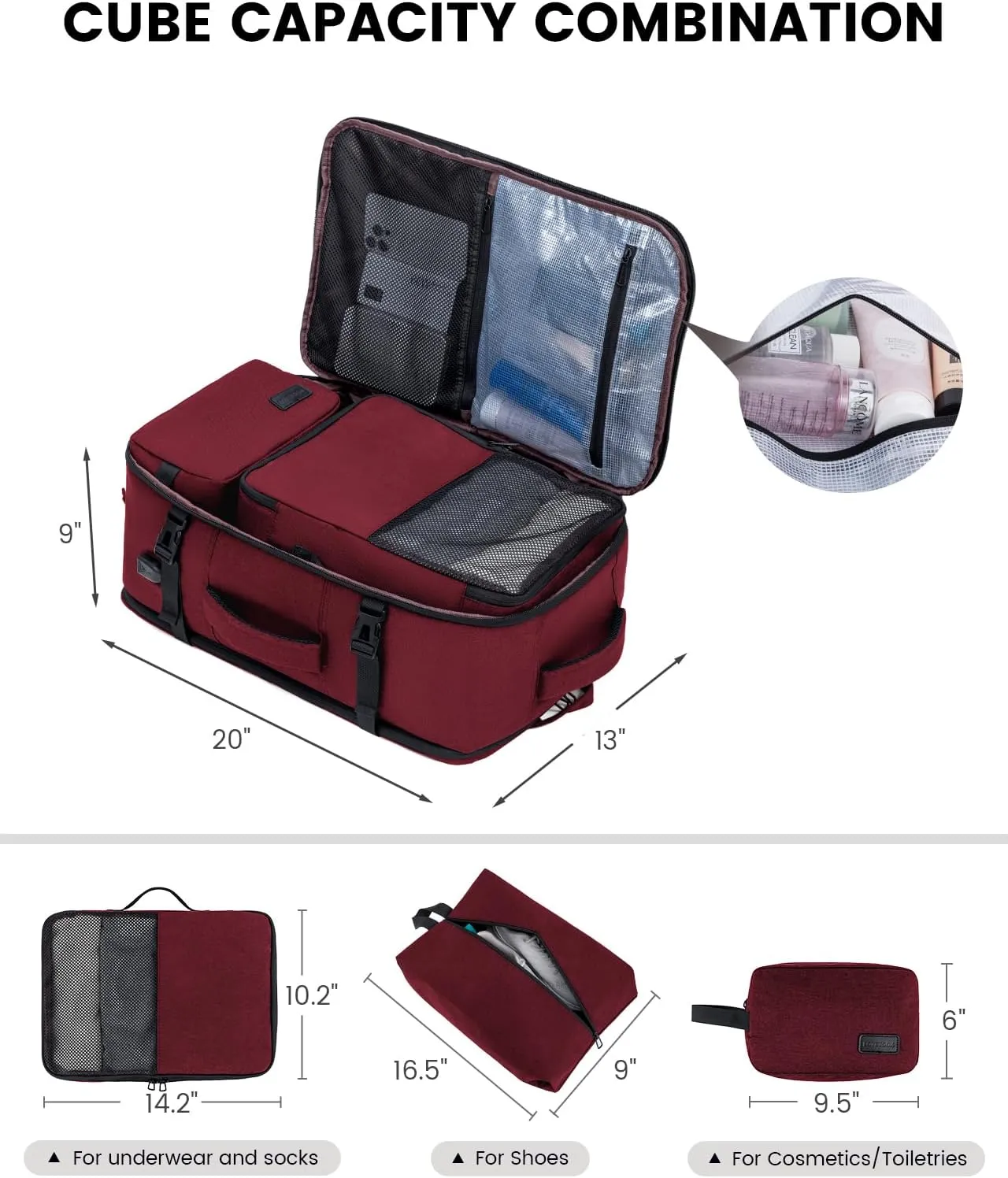 LOVEVOOK Travel Carry on Backpack, Large 40L Personal Item Travel Bag for Men & Women Flight Approved with 3 Packing Cubes, Suitcase Water Resistant Luggage Daypack Business Weekender Bag,Wine Red