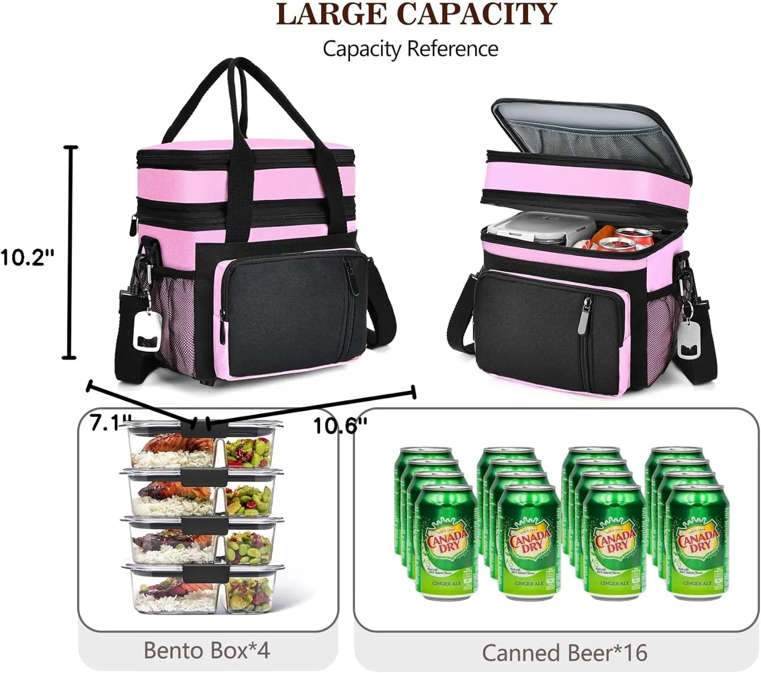 Lunch Bag Women & Lunch Box for Women, Large Insulated Adult Lunch Box, Leakproof Cooler Lunchbox with Bottle Opener for Work Picnic Beach, 16L, Pink