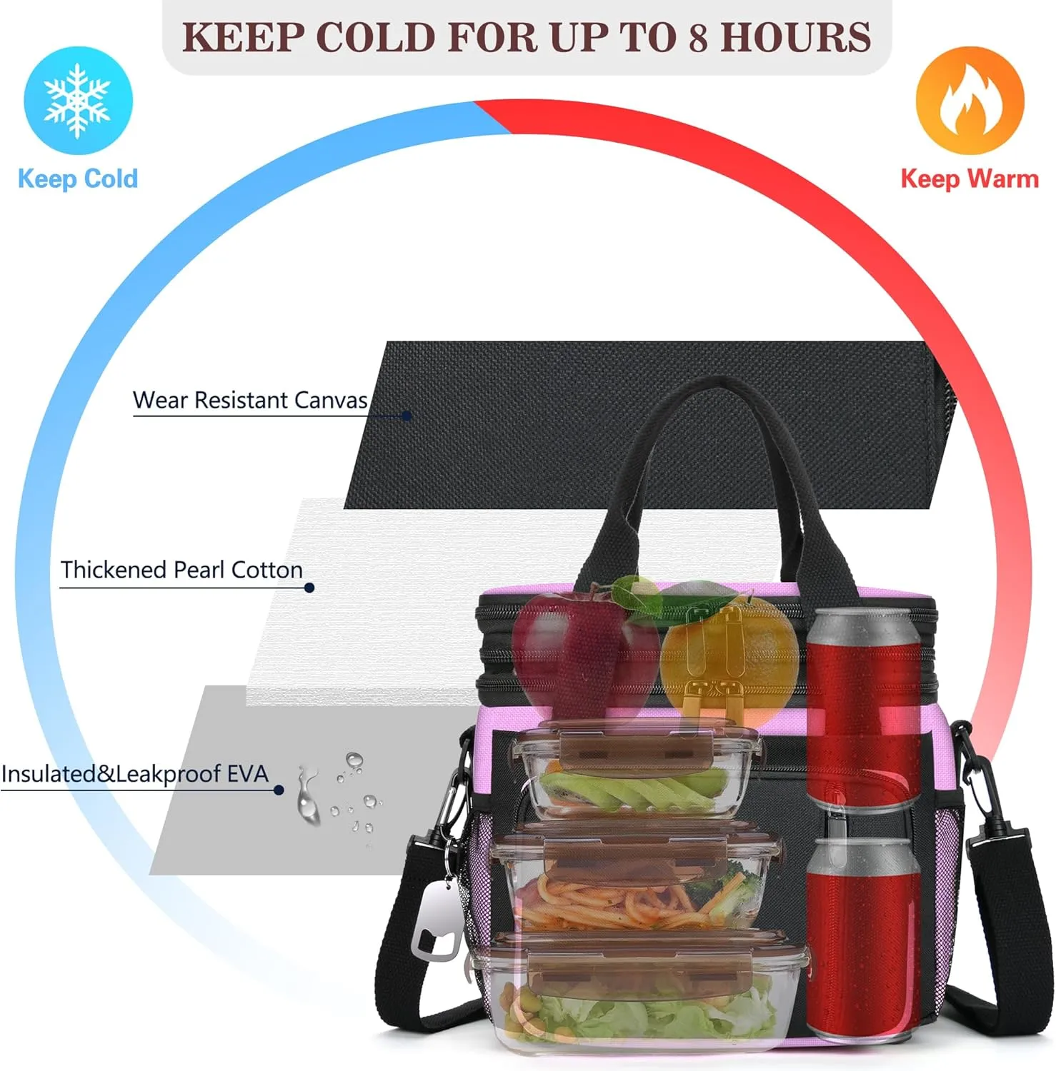 Lunch Bag Women & Lunch Box for Women, Large Insulated Adult Lunch Box, Leakproof Cooler Lunchbox with Bottle Opener for Work Picnic Beach, 16L, Pink
