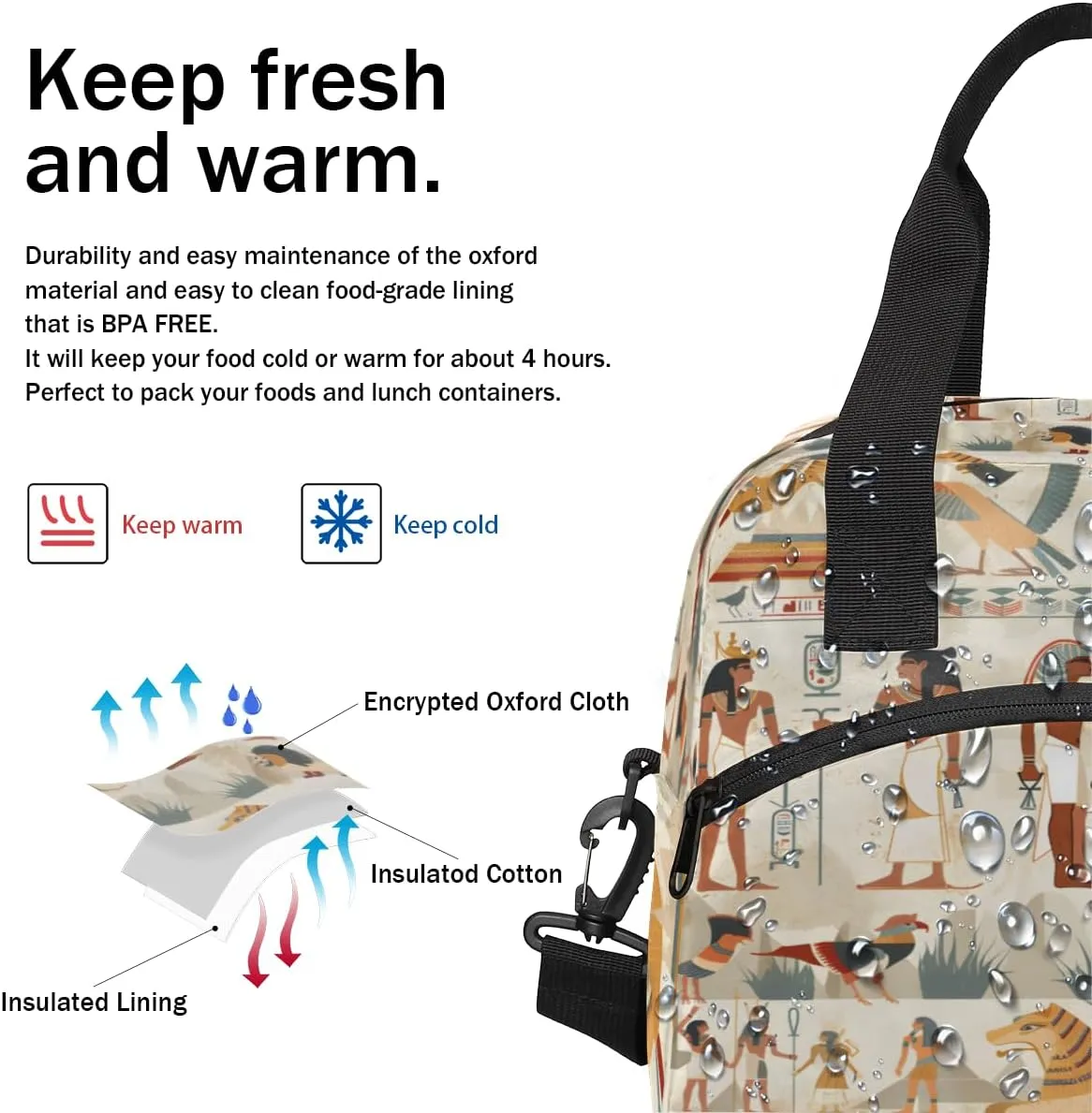 Lunch Tote Bag, Portable Ancient Egypt Civilization Lunch Box for Adults, Reusable Insulated Lunch Bag for Work Picnic Travel, Cooler Tote Bag for Women Men
