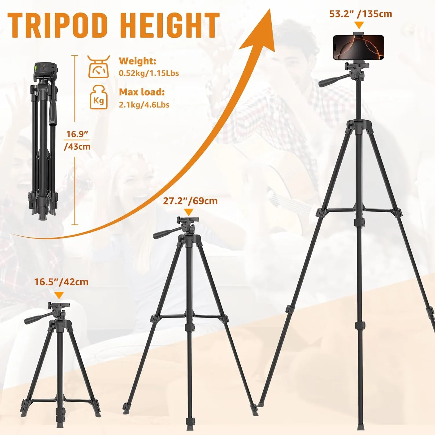 Luswemi 53'' Phone & Camera Mount Tripod Stand with Remote and Holder, Portable Cellphone Tripod Compatible with iPhone 16 Pro Max/15 Pro/Samsung/DJI/GoPro