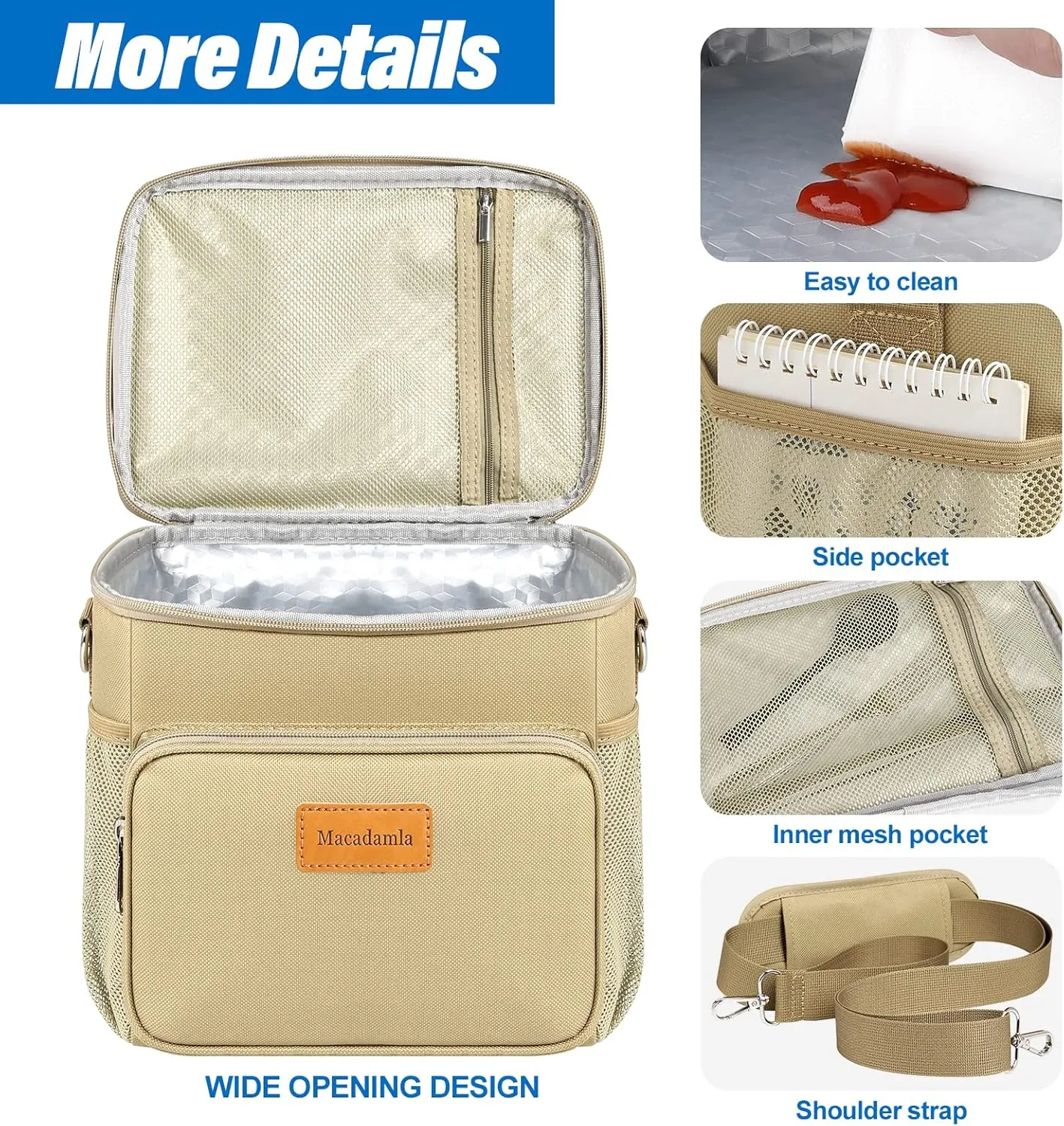 Macadamla Weinas Insulated Lunch Bag for Women/Men,Reusable Lunch Box Cooler Tote Bag for Adult,Collapsible Leakproof Lunch Bag with Adjustable Shoulder Strap for Work Office Picnic Beach Khaki S