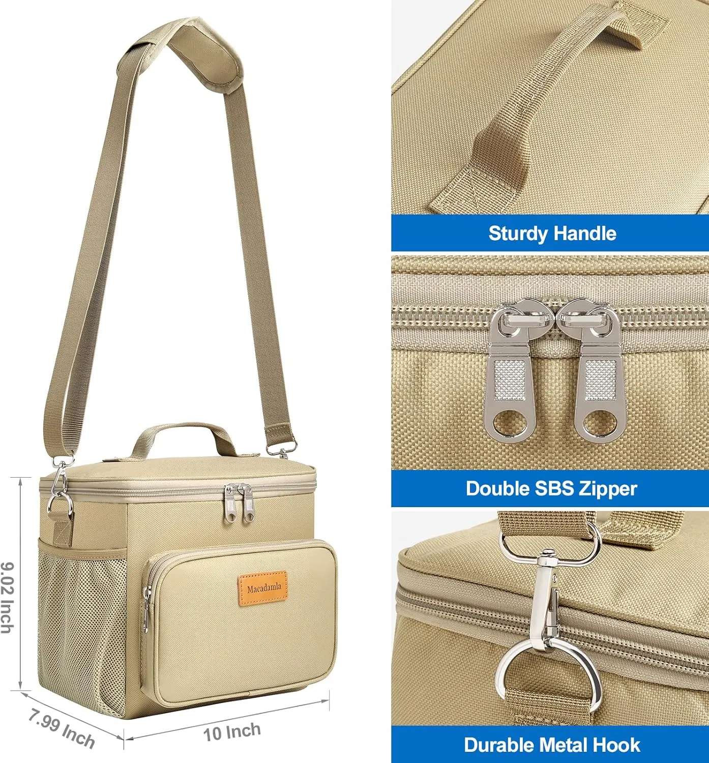 Macadamla Weinas Insulated Lunch Bag for Women/Men,Reusable Lunch Box Cooler Tote Bag for Adult,Collapsible Leakproof Lunch Bag with Adjustable Shoulder Strap for Work Office Picnic Beach Khaki S