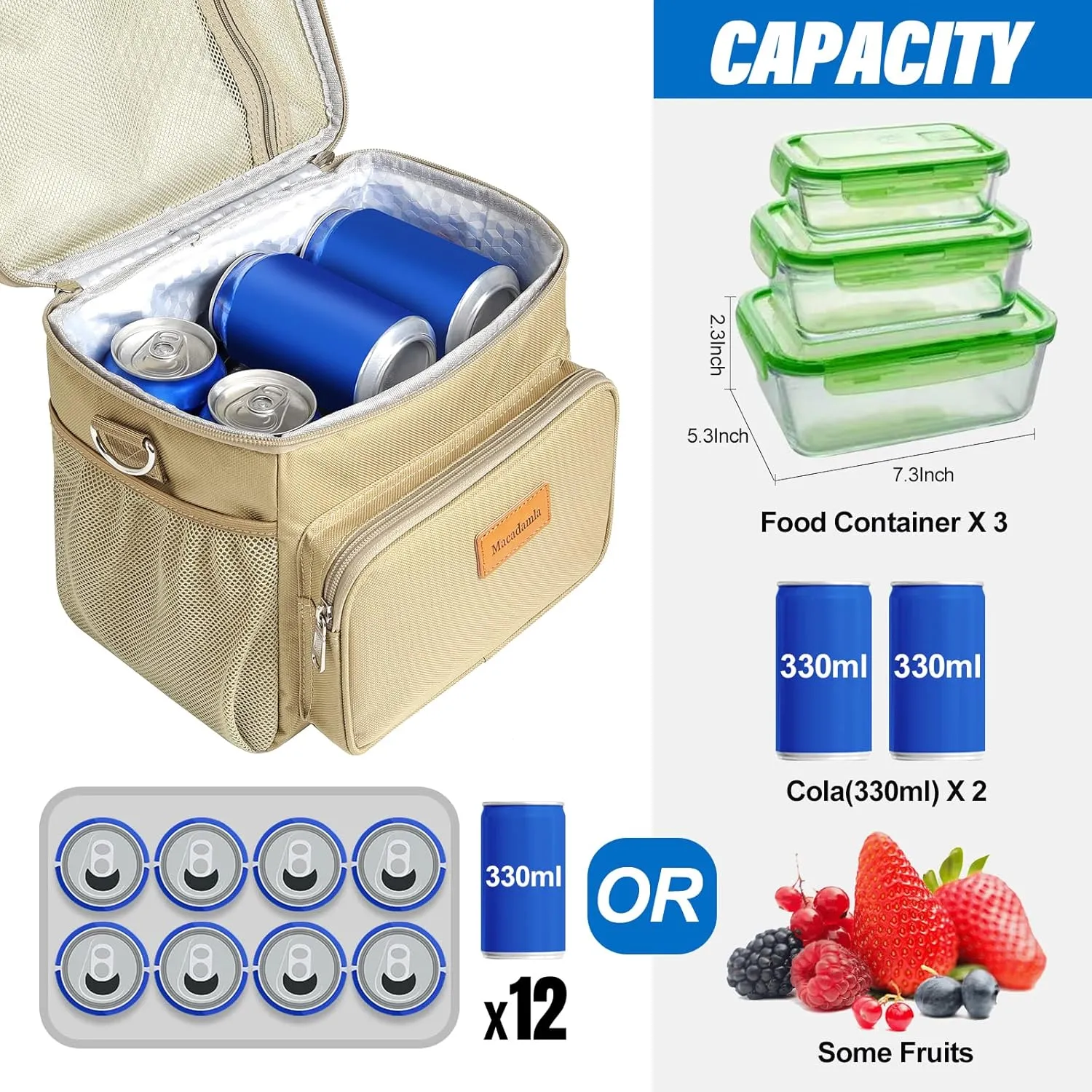 Macadamla Weinas Insulated Lunch Bag for Women/Men,Reusable Lunch Box Cooler Tote Bag for Adult,Collapsible Leakproof Lunch Bag with Adjustable Shoulder Strap for Work Office Picnic Beach Khaki S