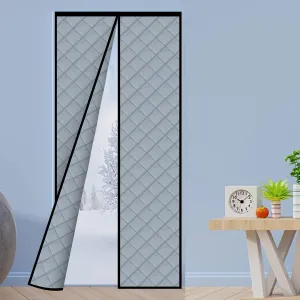 Magnetic Thermal Insulated Door Curtain Thickened, PU Material Hands Free Automatic Closing Durable Windproof Waterproof Door Screen, Fits Door Size up to 34'' x 80'', Grey