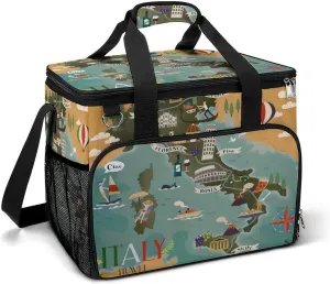 Map of Italy Attraction Symbols Compass Landmarks Sign Cooler Bag, Collapsible Soft Sided Cooler, Large Leakproof Camping Cooler, Portable Travel Cooler for Camping, Road Trips