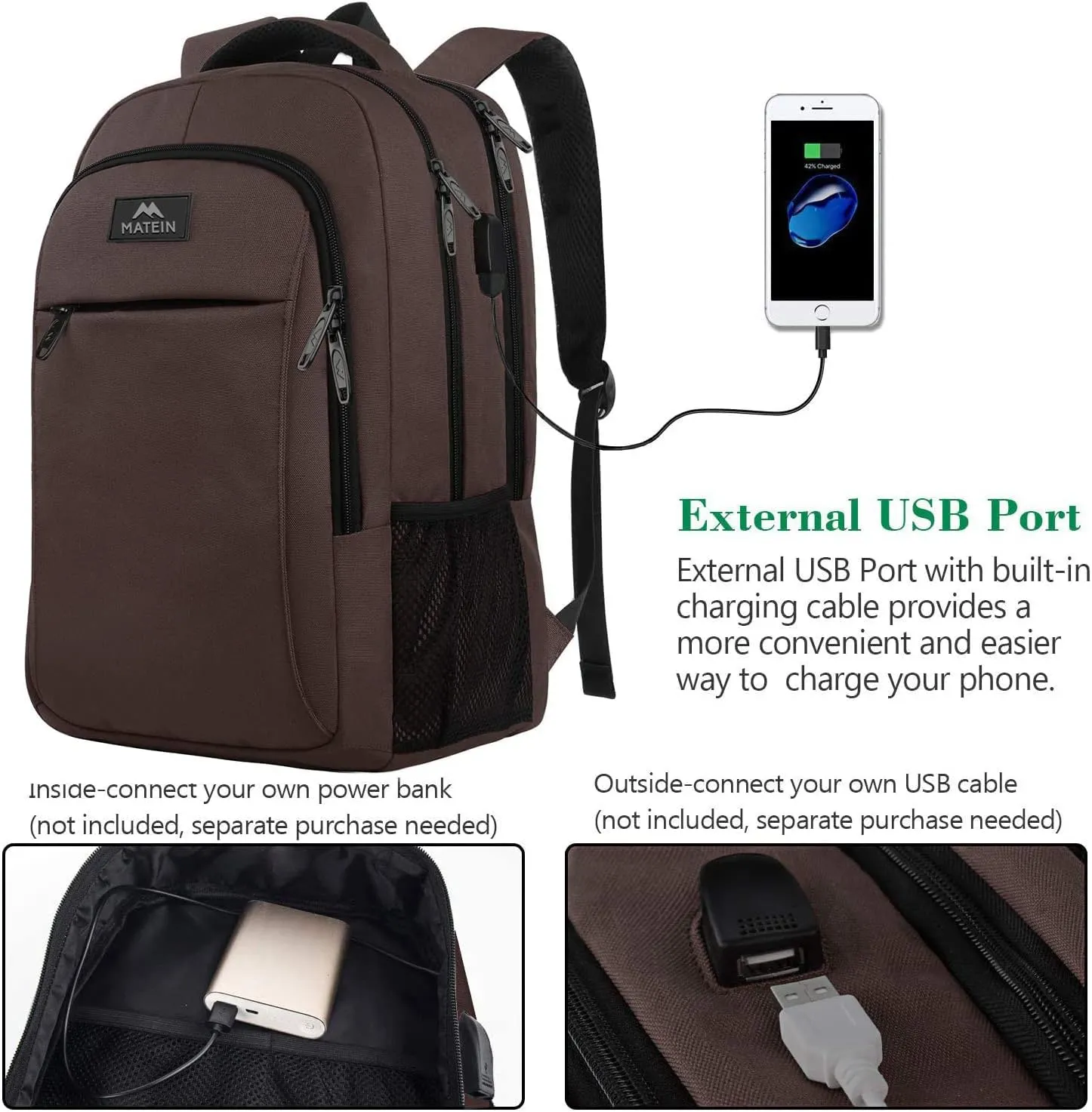 MATEIN 15-inch Laptop Backpack, School Backpack with USB for Men Women and College Student, Sturdy Laptop Bag for Laptop Accessories Water Resistant Travel Backpack Functional Birthday Gifts