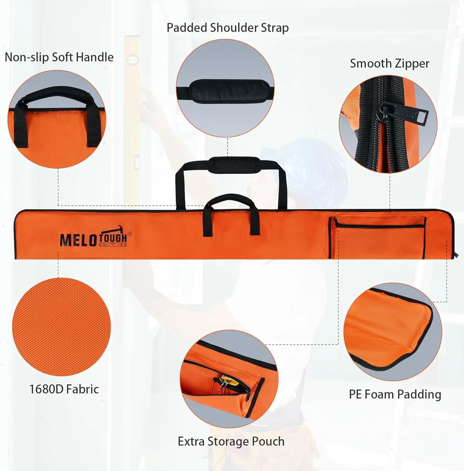 MELOTOUGH Level Case Padded Level Storage Bag with Handle,Shoulder Strap (84 inch,Orange)