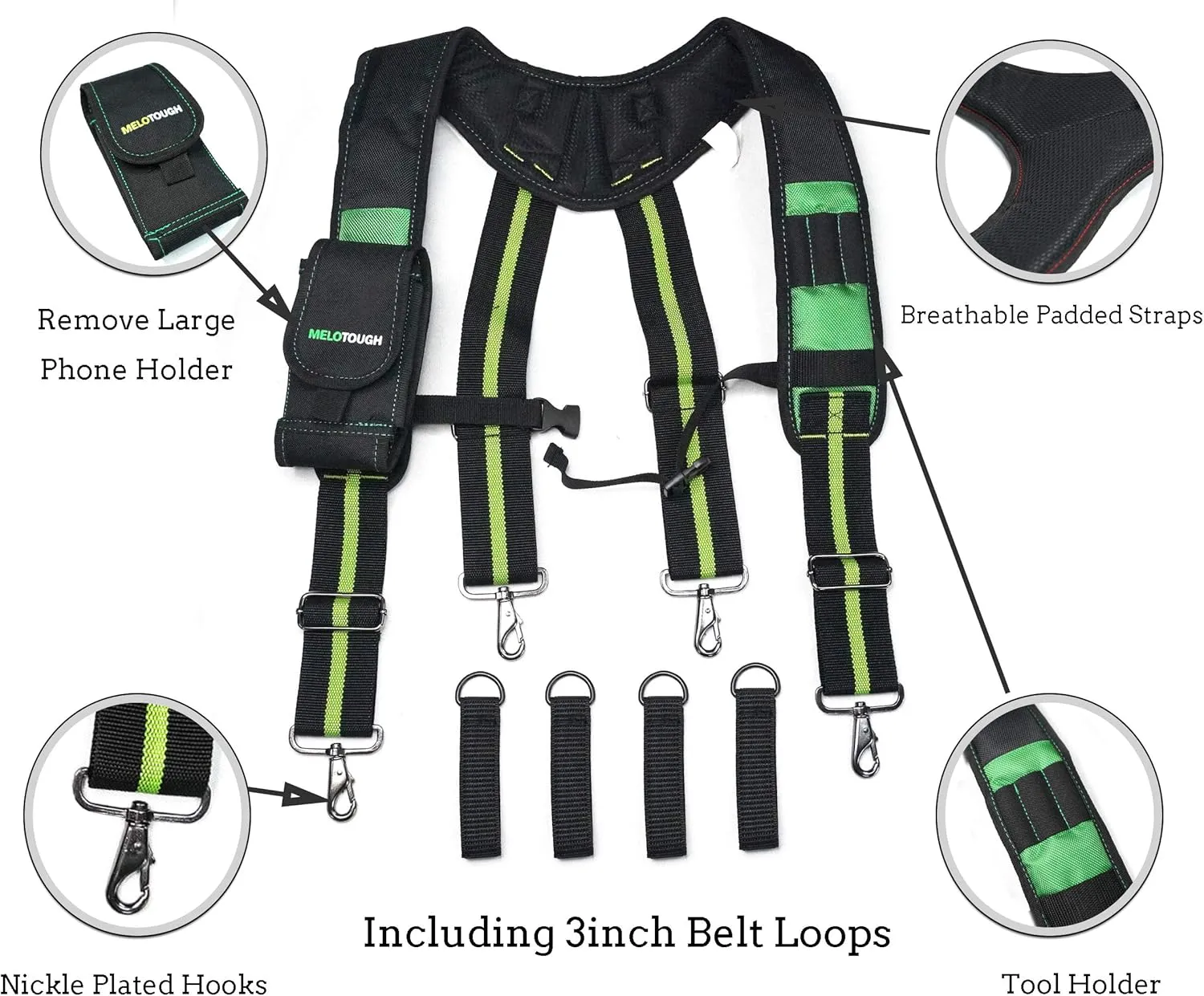 MELOTOUGH Tool Belt Suspenders Construction Work Suspenders with detachable phone holder comfortable foam shoulder padder (Oliver Green)