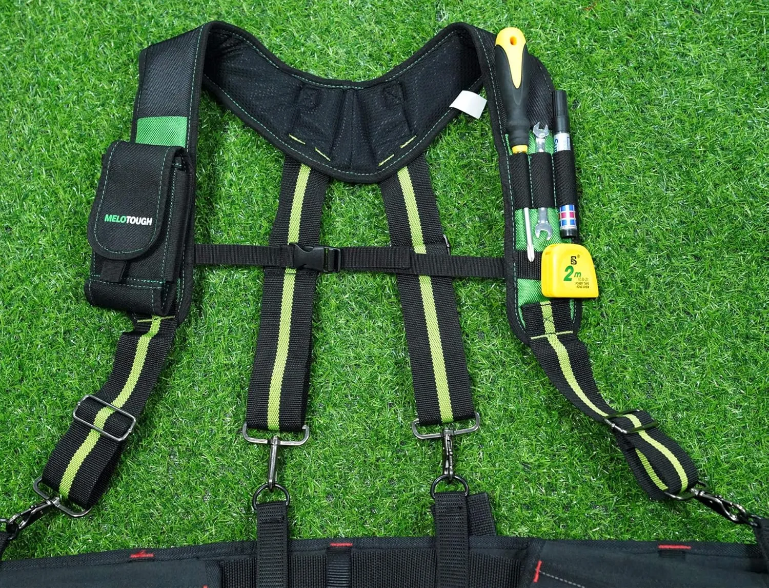 MELOTOUGH Tool Belt Suspenders Construction Work Suspenders with detachable phone holder comfortable foam shoulder padder (Oliver Green)