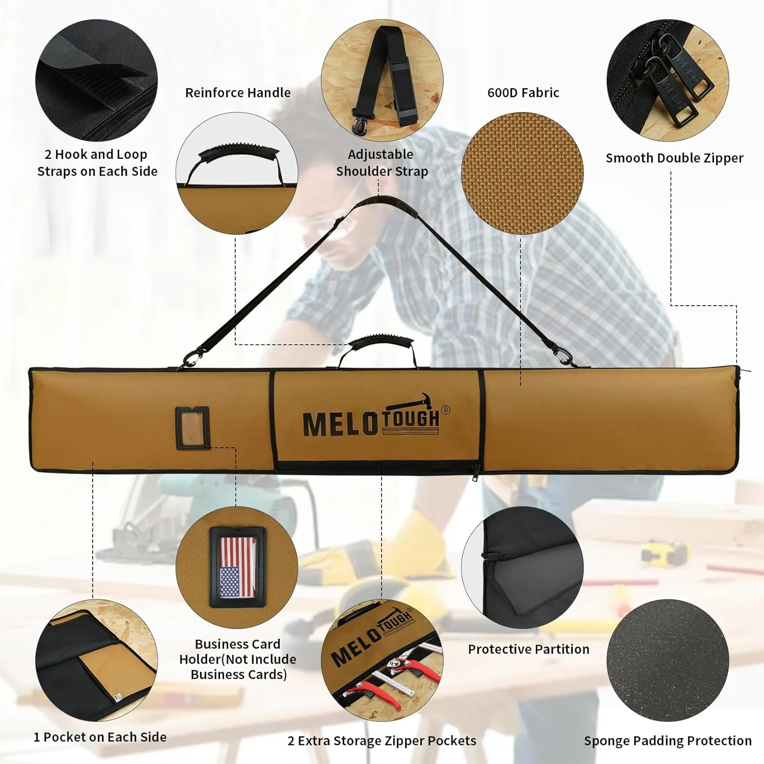 MELOTOUGH Track Saw Guide Rail Bag Padded Protection for Saw Guide Rail up to 59"(Khaki)