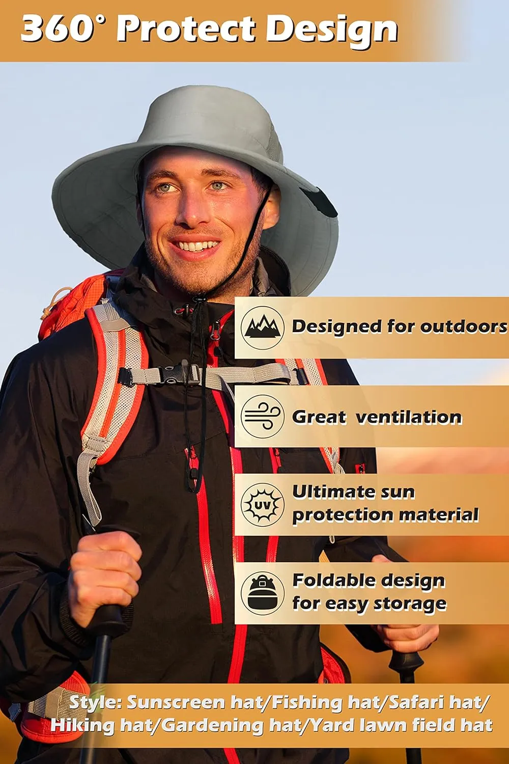 Men Safari Sun Hat Wide Brim Boonie Fishing Cap with Adjustable Drawstring