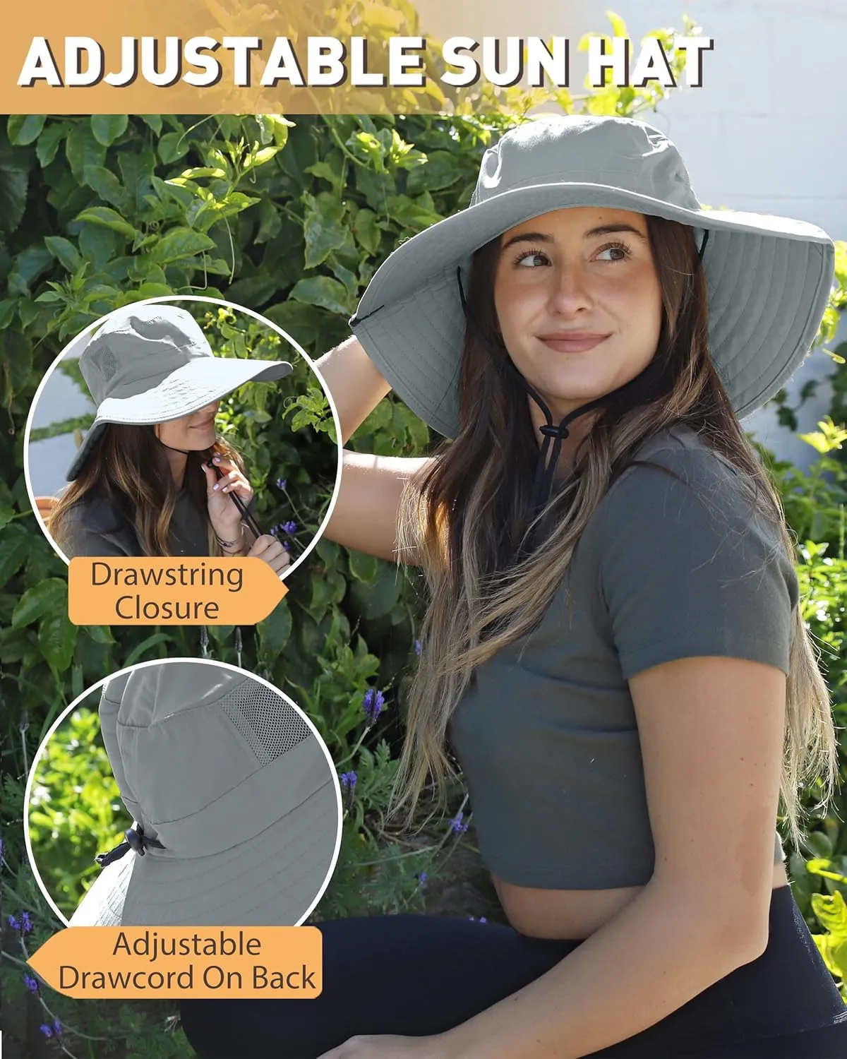 Men Safari Sun Hat Wide Brim Boonie Fishing Cap with Adjustable Drawstring