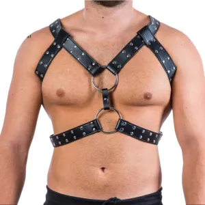 Men’s Soft Leather Triple Strap Chest Harness with Dual O-Rings
