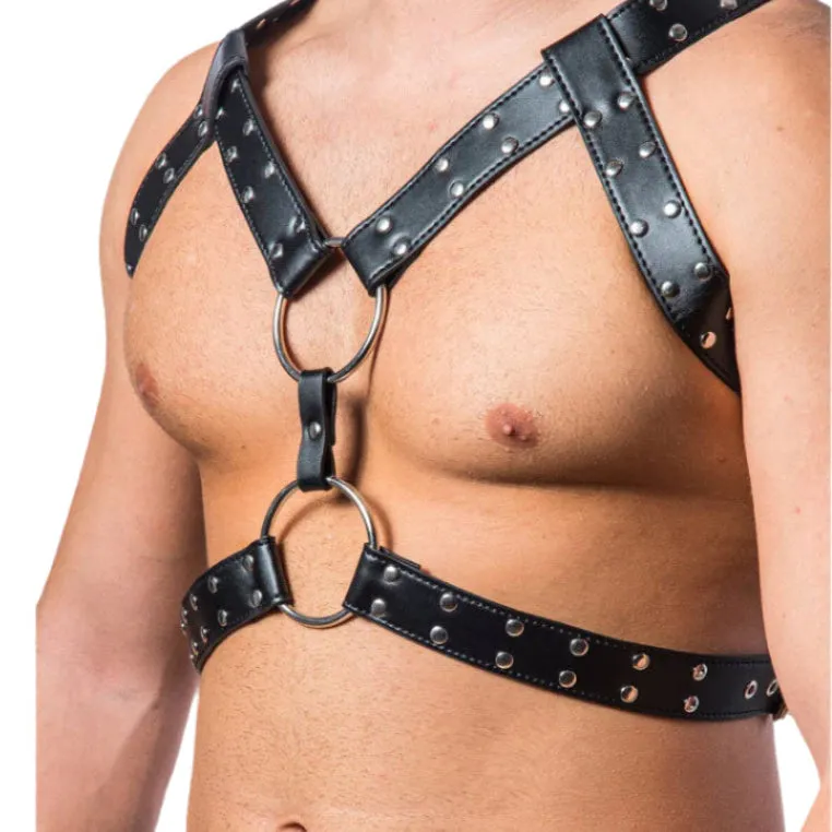 Men’s Soft Leather Triple Strap Chest Harness with Dual O-Rings