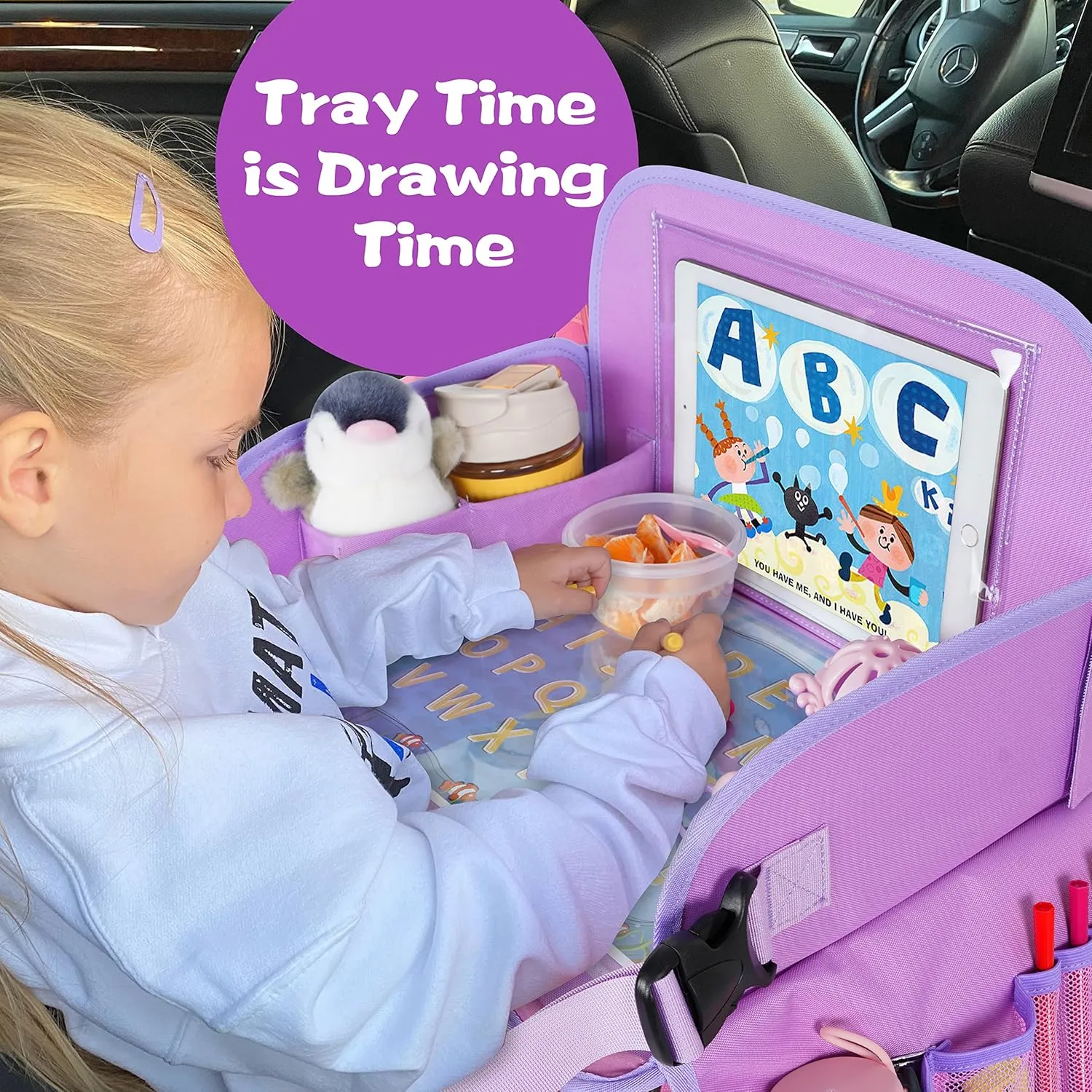MENZOKE Car Seat Tray for Kids Travel, Kids Travel Tray with Educational Drawing Board, Tablet Holder & Cooler Cup Holder, Holiday Gifts for Car Trip, Purple