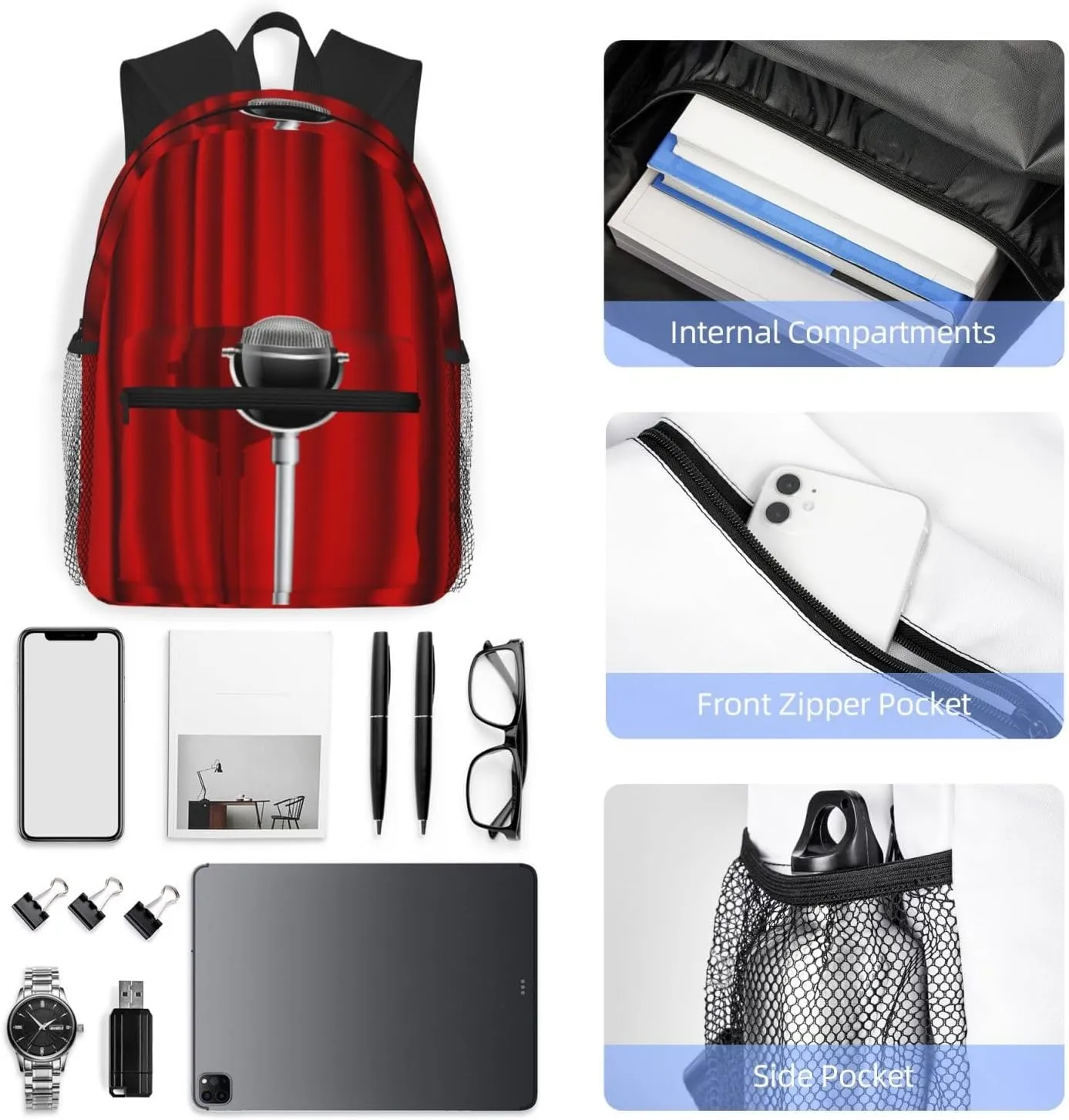 Microphone Red Curtain Stage Backpack, Travel Laptop Backpack Computer Bag Rucksack for Men Women Business Work Fits 15.6 Inch Notebook